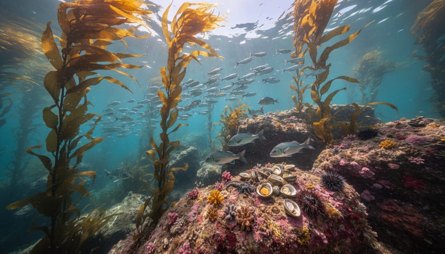 Underwater view of a kelp forest with fish swimming through clear, sunlit seawater.