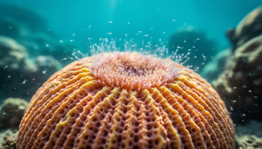 Close-up of coral polyps expanded on a reef with visible texture and soft underwater lighting.