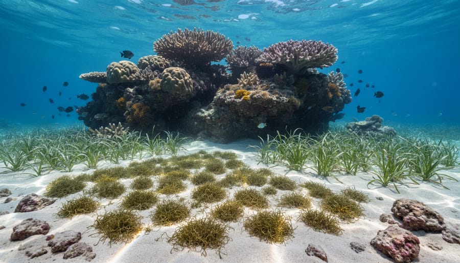 Underwater view of macroalgae and turf algae on reef surfaces with nearby seagrass blades in shallow water.