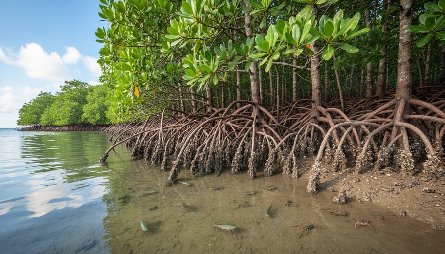 Wide view of a mangrove forest shoreline with exposed roots and brackish water