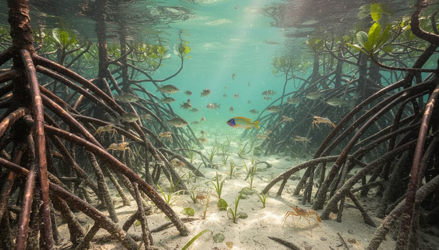 Juvenile fish hiding among mangrove prop roots in shallow water