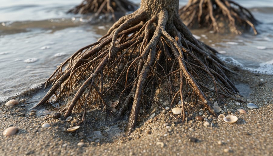 Close-up of mangrove pneumatophores and roots rising from muddy sediment
