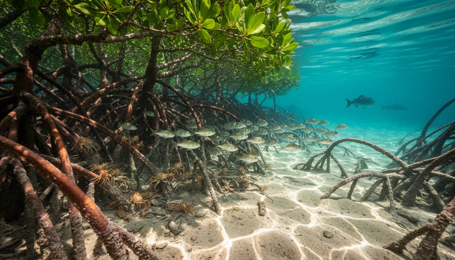 A marine researcher inspecting mangrove roots along a tropical coastline
