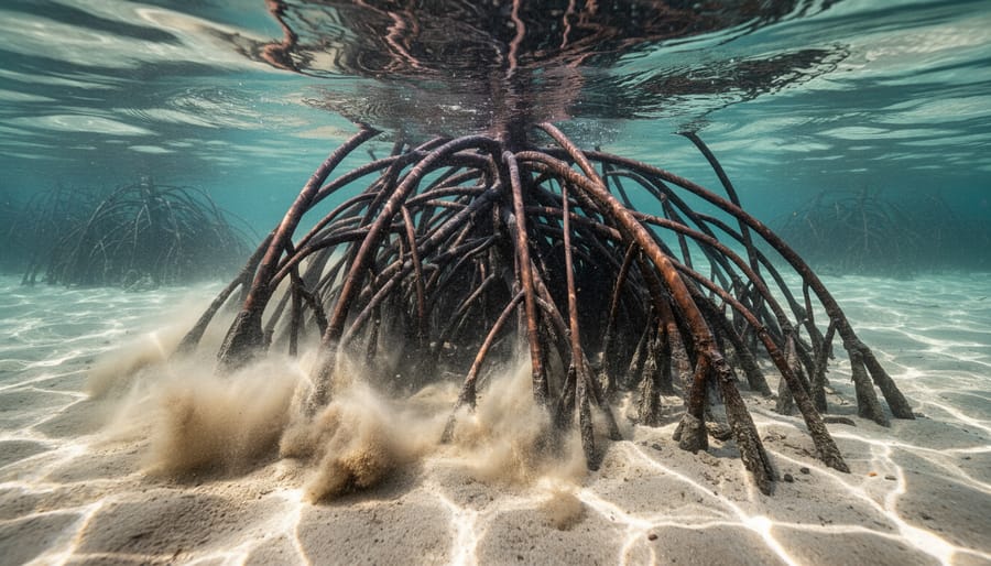 Tidal water near mangrove roots showing clear water flowing around sediment-rich areas