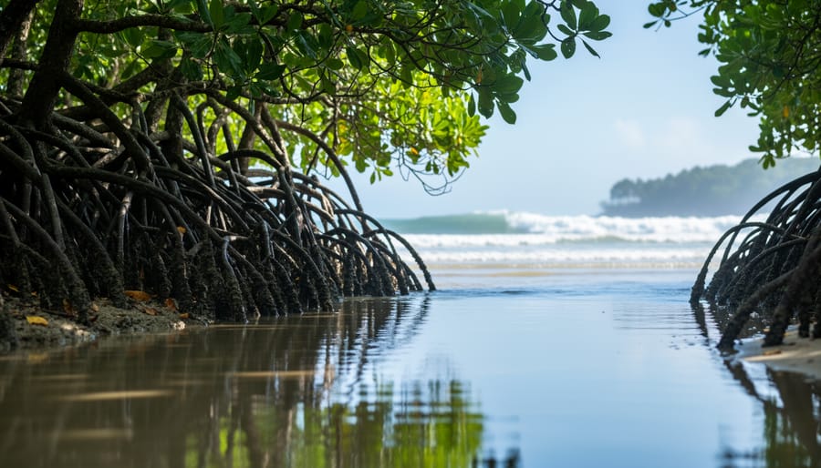 Mangrove trees with dense intertidal roots along the water’s edge, forming a natural barrier with calm reflected tidal water.