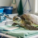 A rehabilitator wearing gloves gently feeds a recovering green sea turtle in a marine rehabilitation facility using a syringe.
