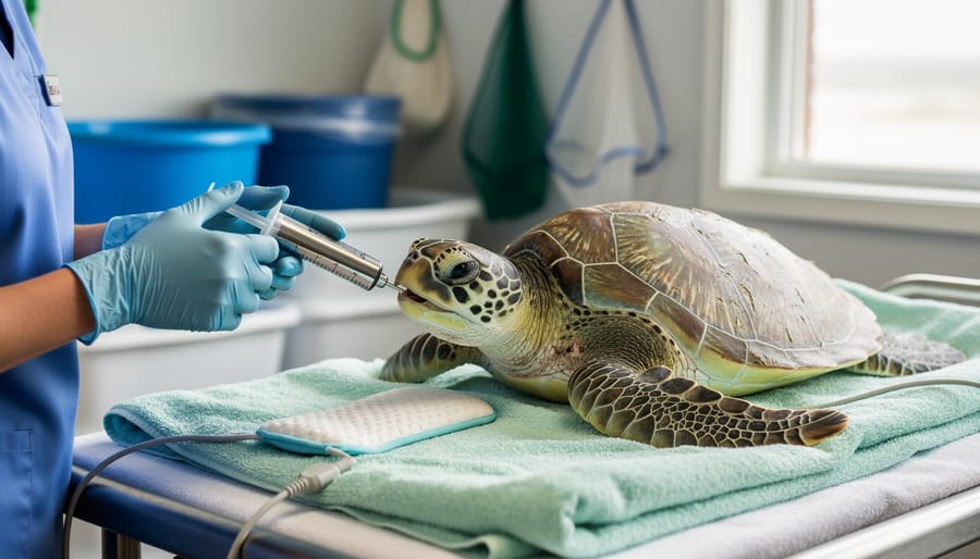 A rehabilitator wearing gloves gently feeds a recovering green sea turtle in a marine rehabilitation facility using a syringe.