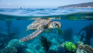 “Sea turtle swimming over a vibrant coral reef beneath a blue ocean surface in soft daylight.”