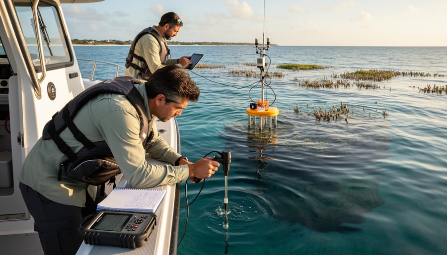 Marine biologist working with sampling gear on a boat on the water