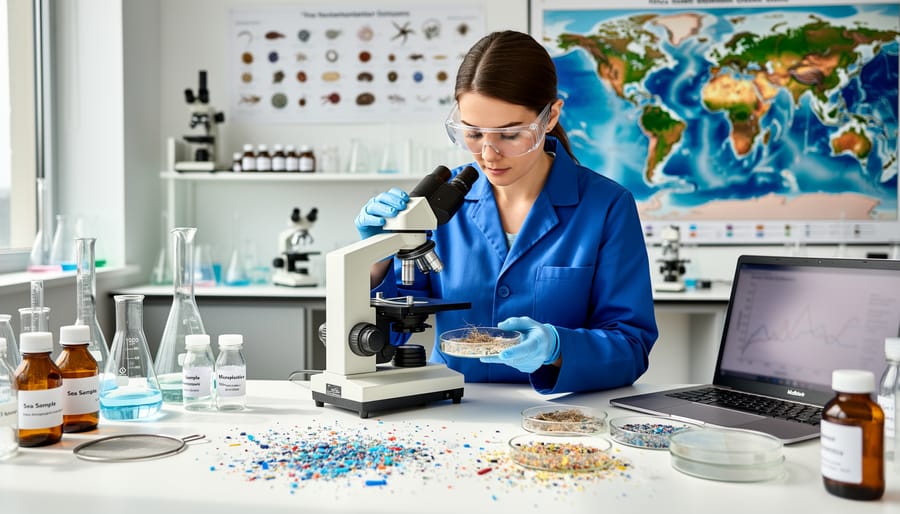 Marine biologist examining a sample net in shallow coastal water with plastic fragments on the mesh