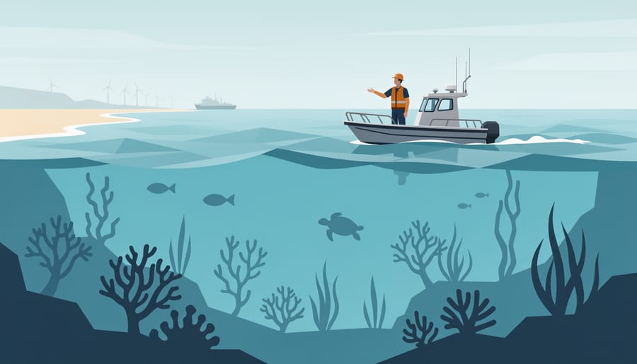 Marine biologist on a boat inspecting an item while looking out at the ocean during golden hour.