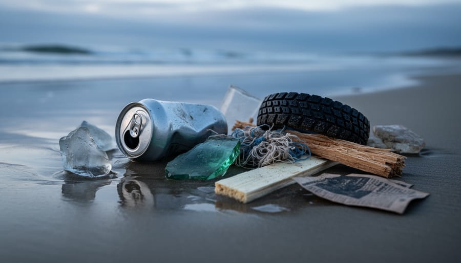 Close-up of wet shoreline debris showing plastic pieces, metal can fragments, glass shards, rubber, textiles, processed wood splinters, and paper or cardboard in sand.