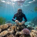Underwater photo of a diver placing a coral fragment on a recovering reef with seagrass nearby and sunlight filtering through the water.