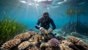 Underwater photo of a diver placing a coral fragment on a recovering reef with seagrass nearby and sunlight filtering through the water.
