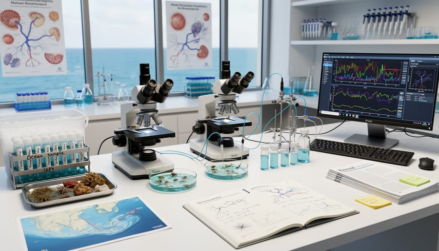 Laboratory bench with pipettes and seawater sample containers beside a translucent tissue preparation