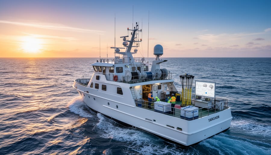 Marine research vessel at sunrise with a crew member watching the ocean from the deck