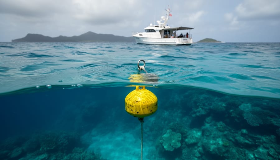 “A research vessel anchored above clear blue-green water with a floating buoy indicating a marine protected zone near a reef.”