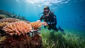 A marine restoration diver underwater near a restored coral patch and seagrass meadow in clear blue water.