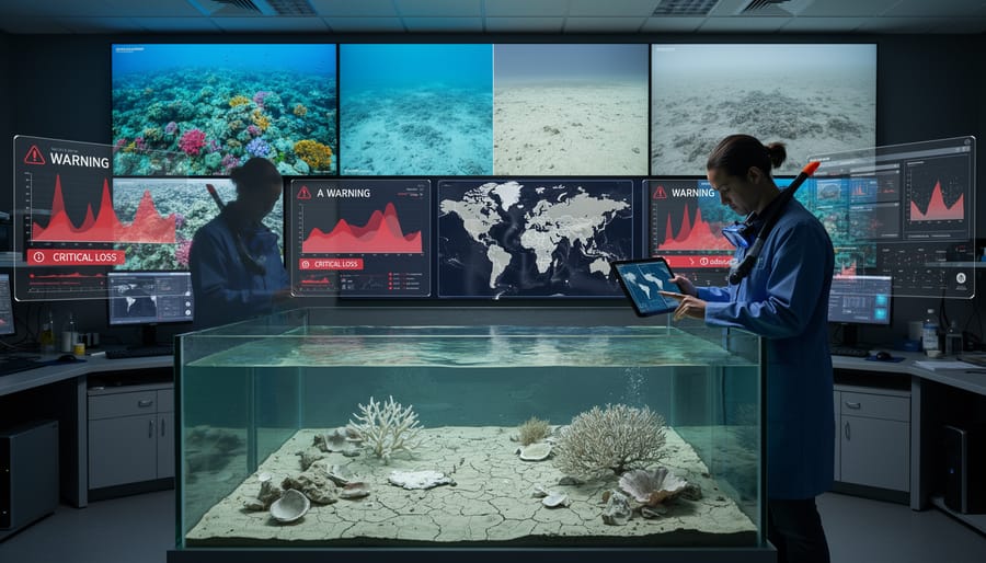 A marine scientist kneeling on wet sand examining remnants of a former marine environment near a buoy.