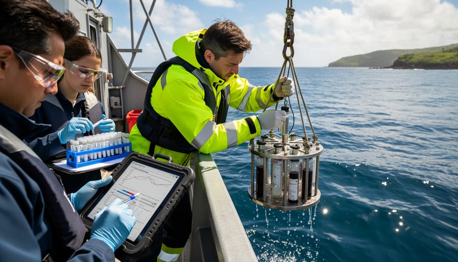 Marine scientist collecting seawater sampling near a research vessel at the ocean’s edge.