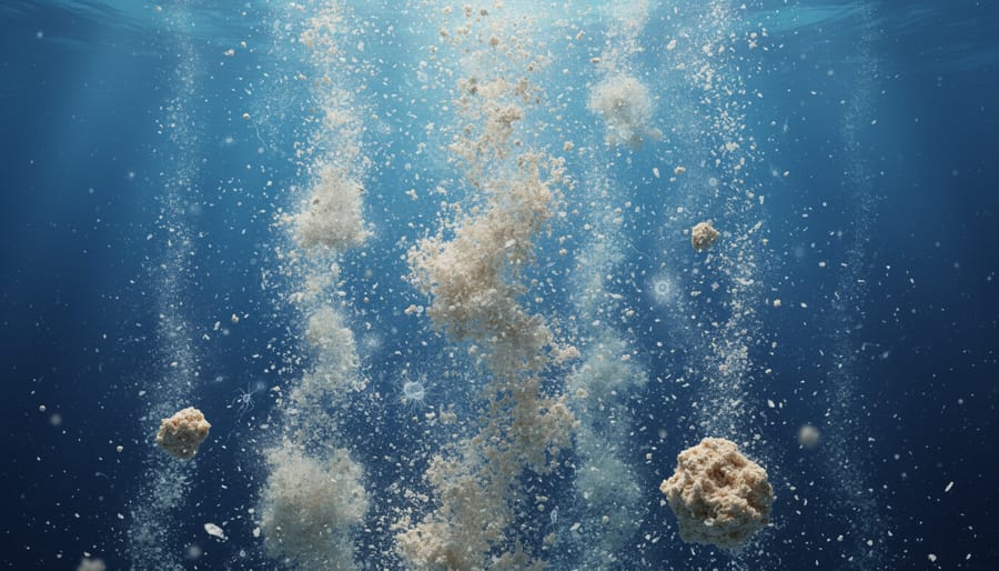Macro view of marine snow aggregates and drifting microalgae particles in dark blue ocean water