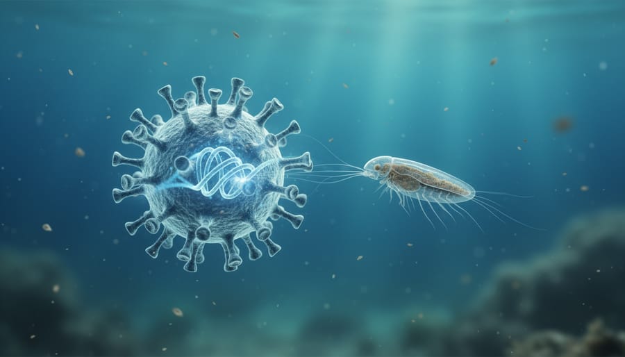 Photorealistic virus-like particle with a glowing capsid hovering near a marine bacterium in blue ocean water
