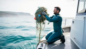 Volunteer on a small boat removing tangled ghost fishing gear from the ocean, with clear blue water and distant shoreline in the background.