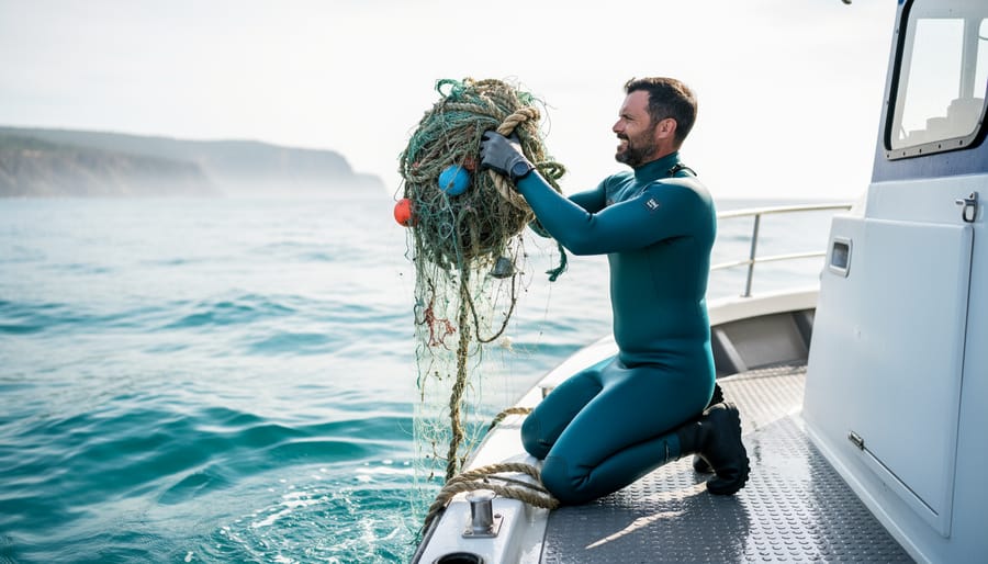 Volunteer on a small boat removing tangled ghost fishing gear from the ocean, with clear blue water and distant shoreline in the background.