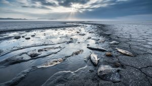 Coastal scene with exposed seabed where the ocean has vanished, stranded marine life visible on cracked salt-stained ground under stormy skies.
