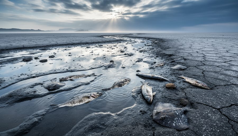 Coastal scene with exposed seabed where the ocean has vanished, stranded marine life visible on cracked salt-stained ground under stormy skies.