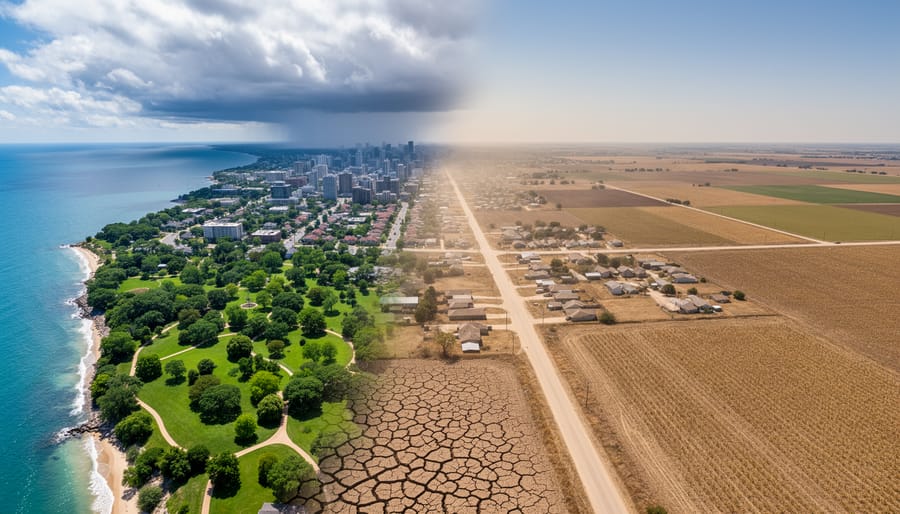 Parched farmland and a city skyline under dusty, stormless skies suggesting severe drought after ocean loss.