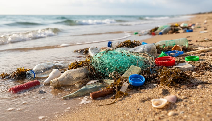 Scattered plastic marine debris and fishing net fragments on a sandy shoreline at low tide