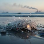 Plastic debris and translucent fragments collect along a coastal shoreline in cool blue-gray dusk light, with faint atmospheric haze over a blurred horizon.