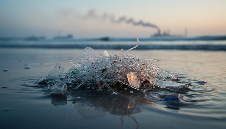 Plastic debris and translucent fragments collect along a coastal shoreline in cool blue-gray dusk light, with faint atmospheric haze over a blurred horizon.