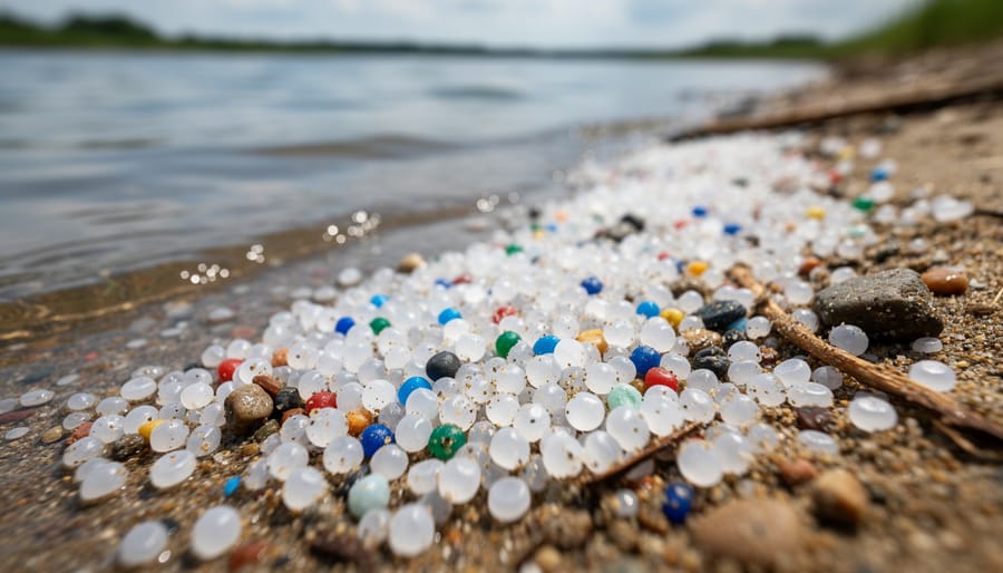 Macro view of plastic resin pellets scattered on concrete near an industrial area
