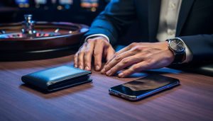 “Hands resting on a casino poker table beside a closed wallet, a face-down smartphone, and a wristwatch, suggesting gambling safety boundaries and secure access.”