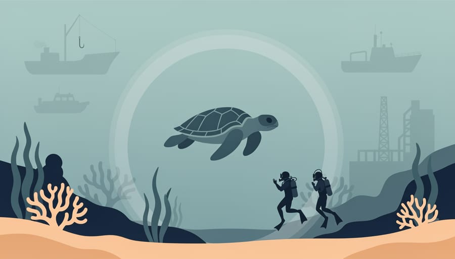 Diver watching a sea turtle near a kelp forest in clear ocean water