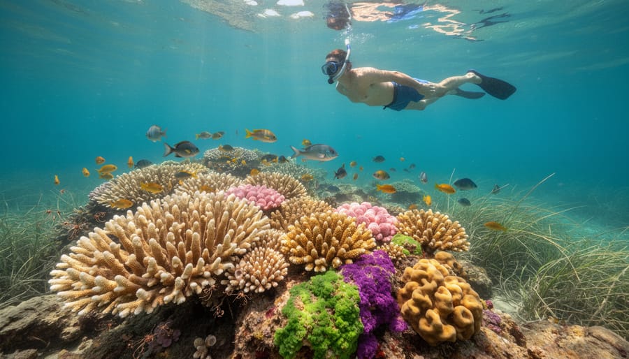 A snorkeler floating above a recovering coral reef with visible healthy coral and fish in clear turquoise water.