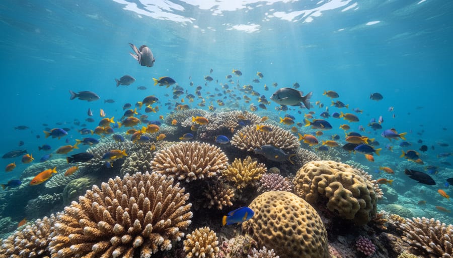 Low-angle view of a coral reef crest with schools of fish moving through the habitat.