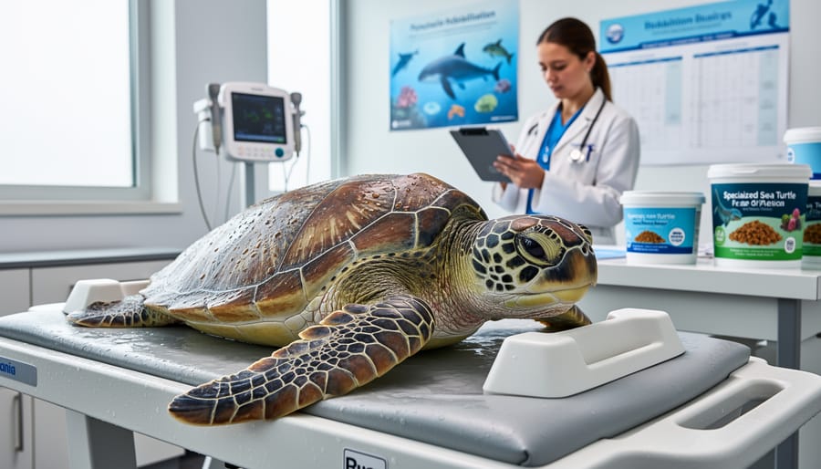 A rehabilitated sea turtle resting on a clean recovery pool deck in a marine animal rehabilitation center.