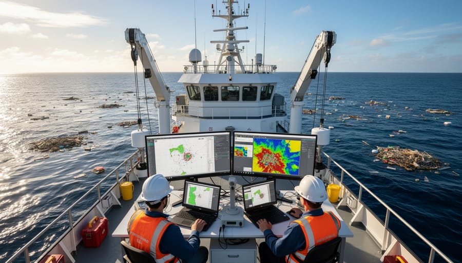 Research boat at sunrise deploying a floating debris-tracking buoy into the ocean.