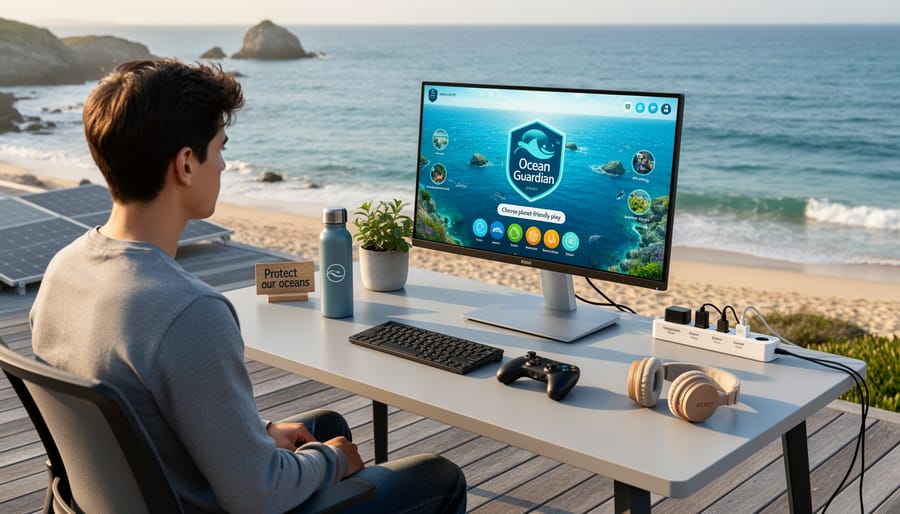 Person using a smartphone near a window with a blurred view of the ocean.