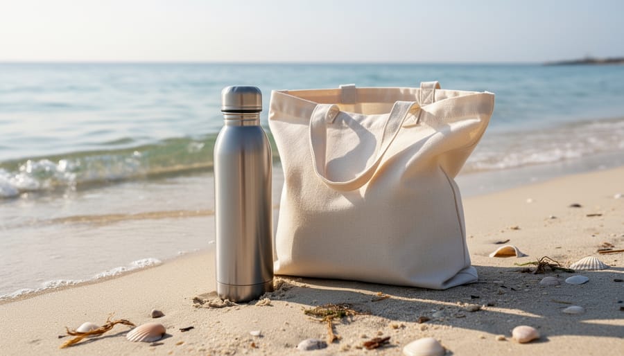 Reusable bottle and cloth shopping bag near the shoreline as ocean waves roll in.