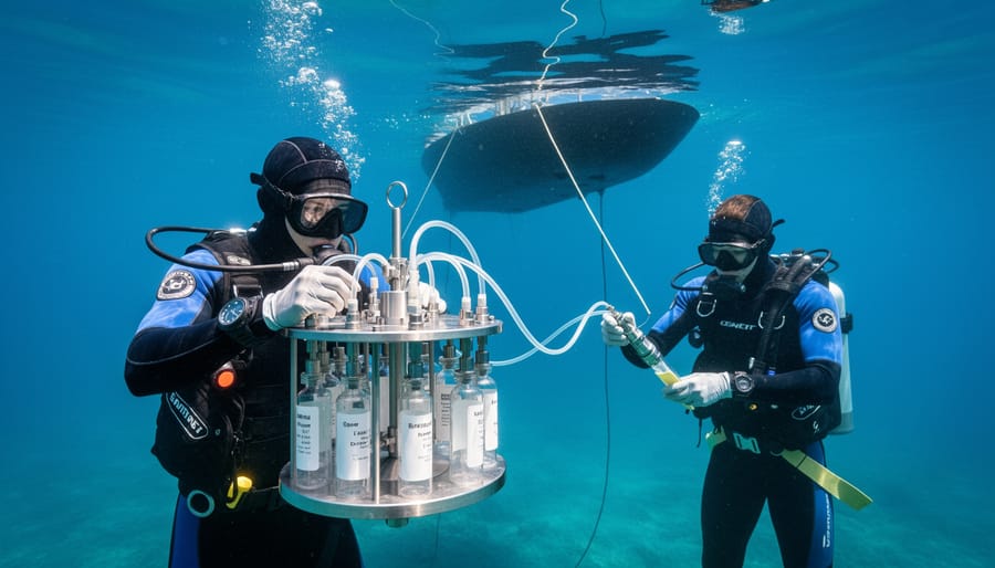 ROV sampling arm in clear seawater with particulate glow and deep blue background depths