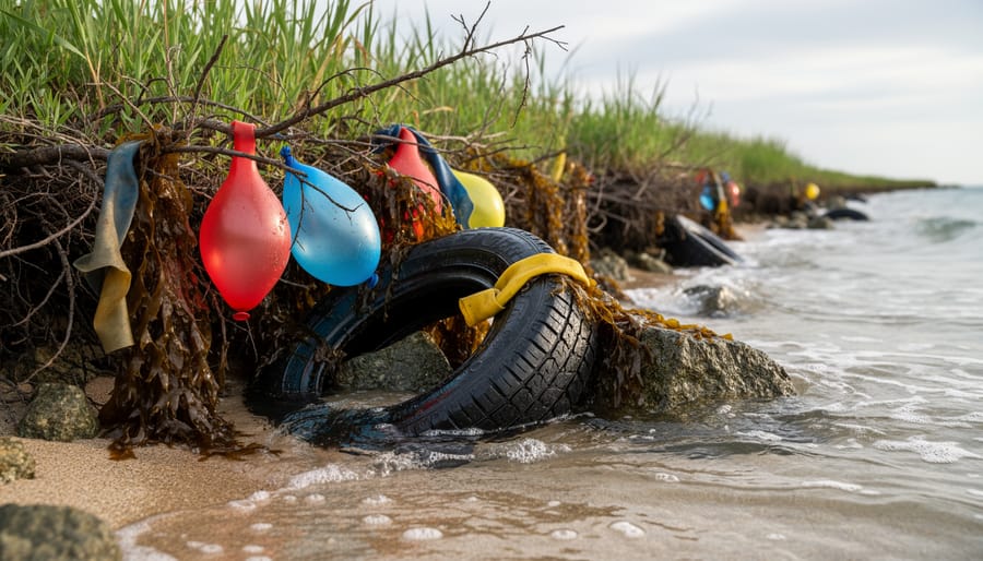 Rubber marine debris, including a tire tread fragment and balloon remnant, floating near sea plants in coastal water