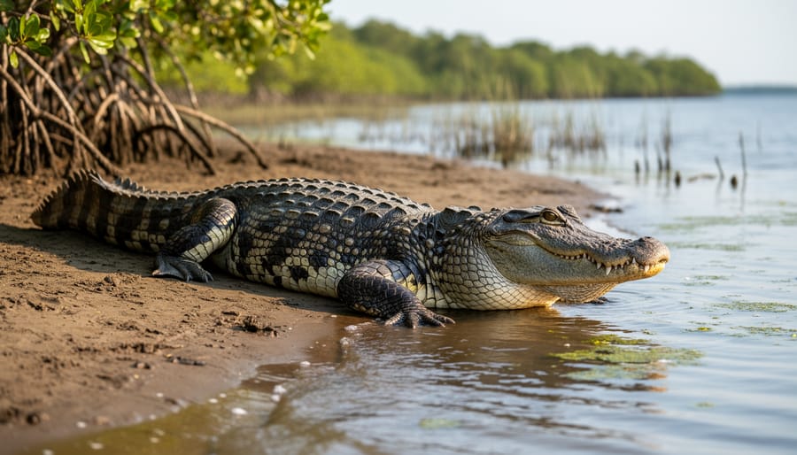 Saltwater crocodile resting on a muddy riverbank near brackish water with mangrove roots in the background