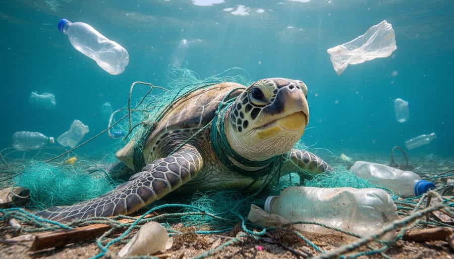 Sea turtle near the waterline with fishing line wrapped around its flipper.