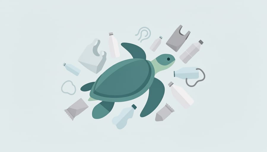 Underwater view of a sea turtle swimming near floating plastic debris in clear ocean water.