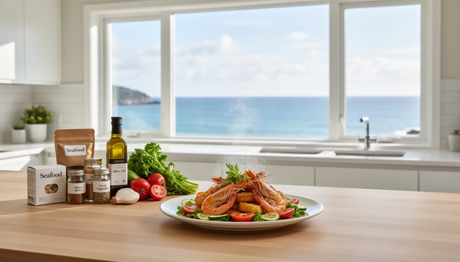 Person’s hand holding seafood packaging near a bowl of cooked fish on a kitchen counter.