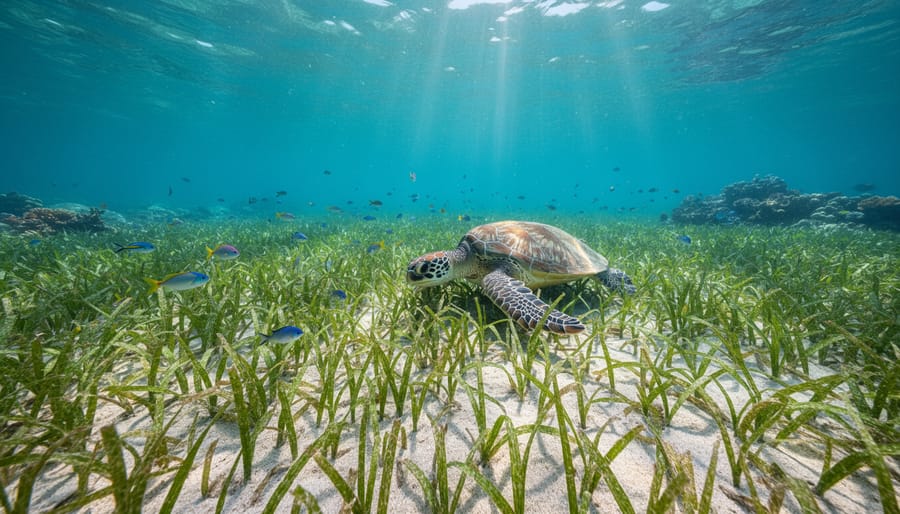 Tropical seagrass underwater with a school of fish moving through the blades